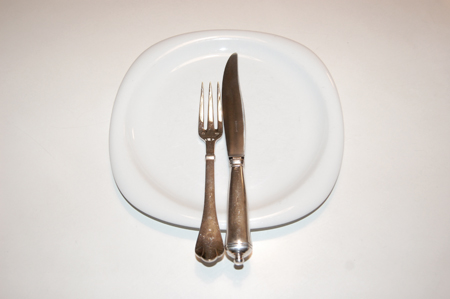 placement of fork and knife when finished eating (same as dessert fork and spoon)